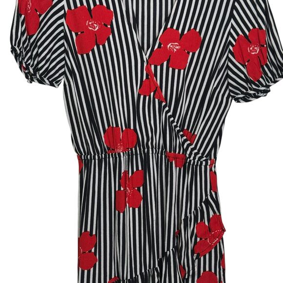 Madewell Size 2 Bianca Ruffle Wrap Dress Red Floral On Black Stripe - Picture 4 of 9